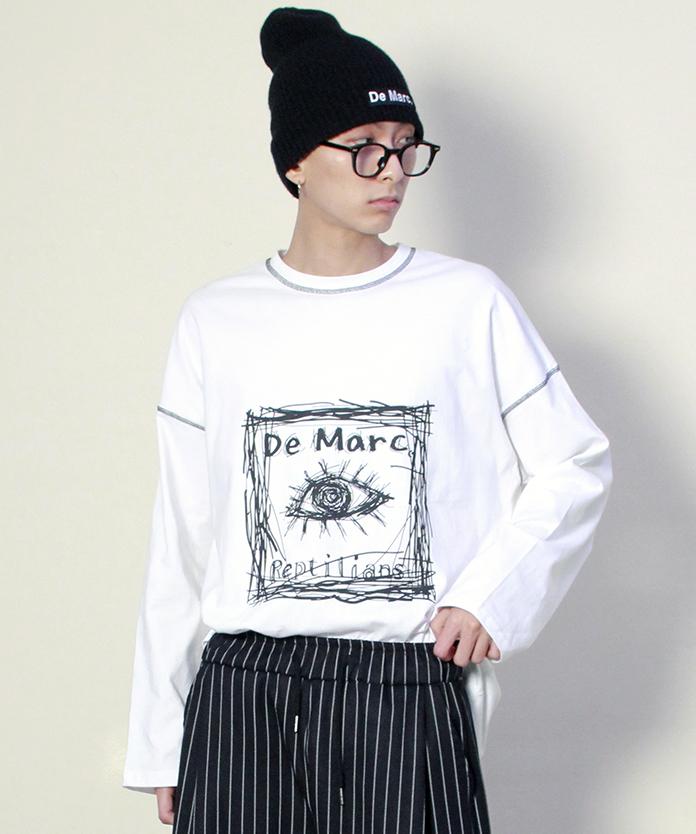 Deumakeu Square Graphic Stitch Long Sleeve T-Shirt White