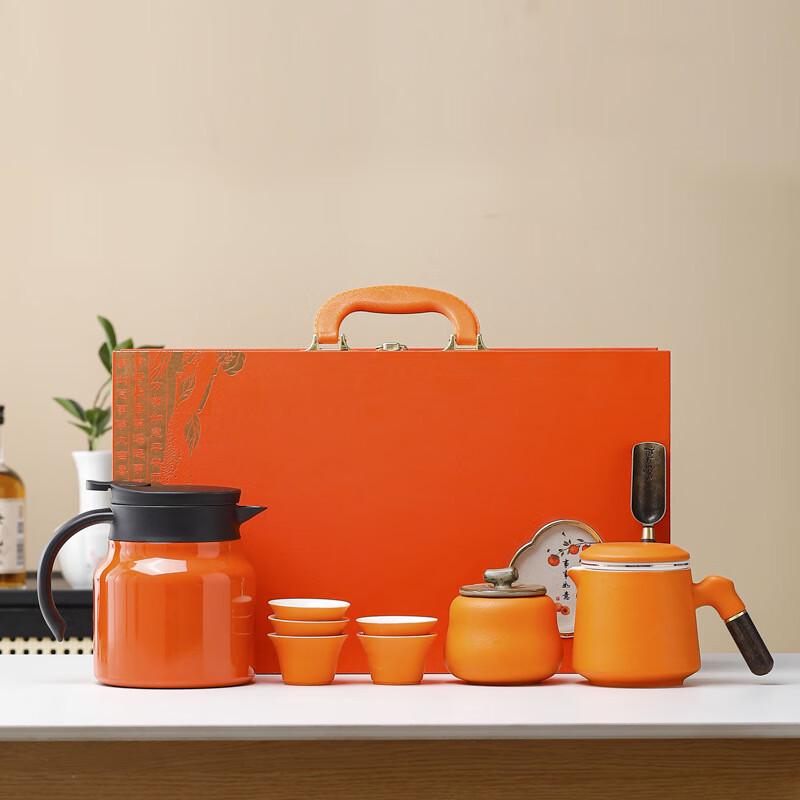 Persimmon Auspicious Pottery Stewing Teapot Tea Set