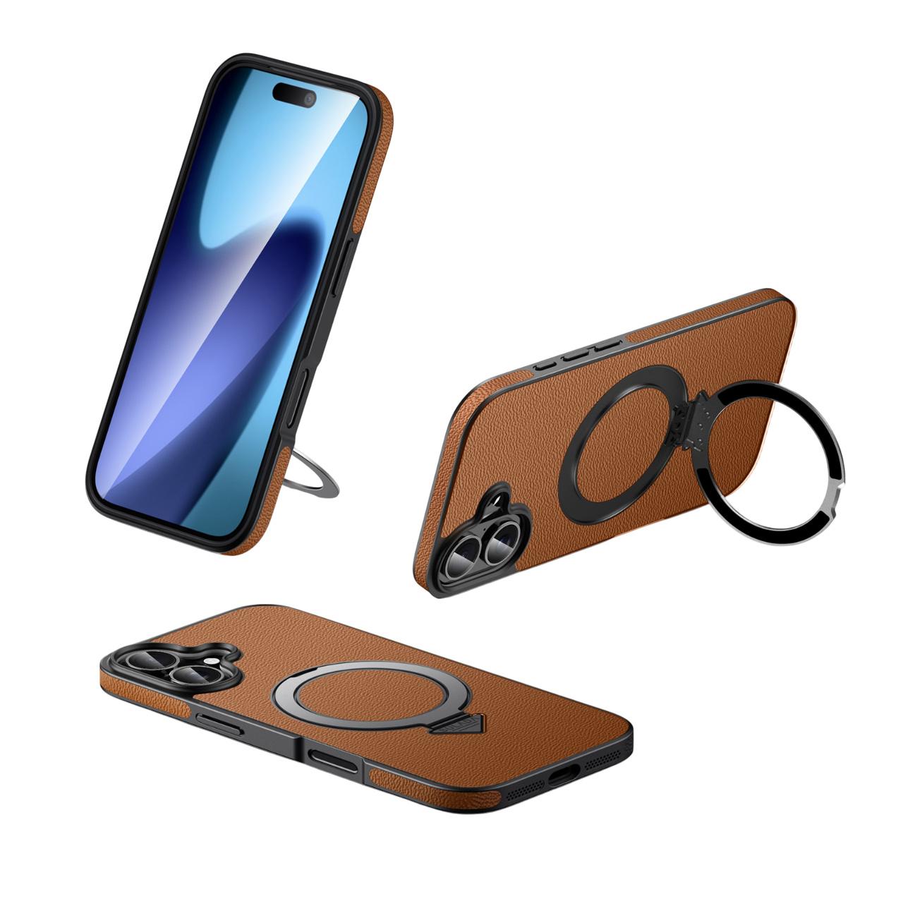 For iPhone 17 Case Compatible with MagSafe Genuine Cow Leather+PC Kickstand Phone Cover C