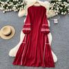 Schickes Vintage Langarm Locker Schlank Elegant Fee Koreanische Mode Boho Sommerkleid Damenbekleidung Langes Kleid