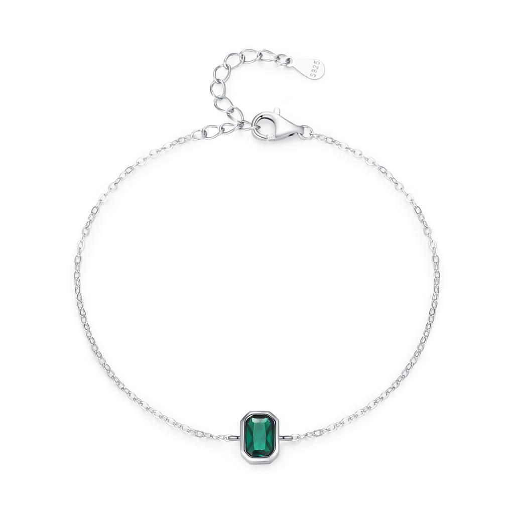 Ailmay 925 Sterling Silver Vintage Green Rectangular Zircon Chain Bracelet for Women Engagement Wedding Anniversary Gift