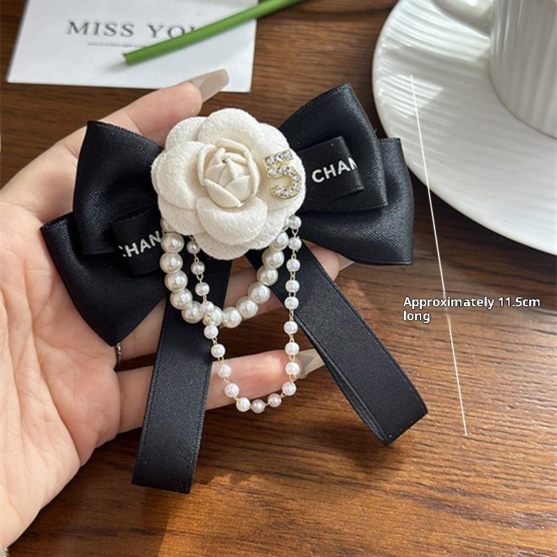 Fabric Camellia Flower Brooch Black Bowknot Necktie Camellia Flower Bow Tie Versatile Shirt Collar Pins Wedding Party For Women