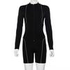 SCIONE Women Playsuit Full Sleeve Zipper Fly Reflective Striped Patchwork Rompers Skinny Bodysuits