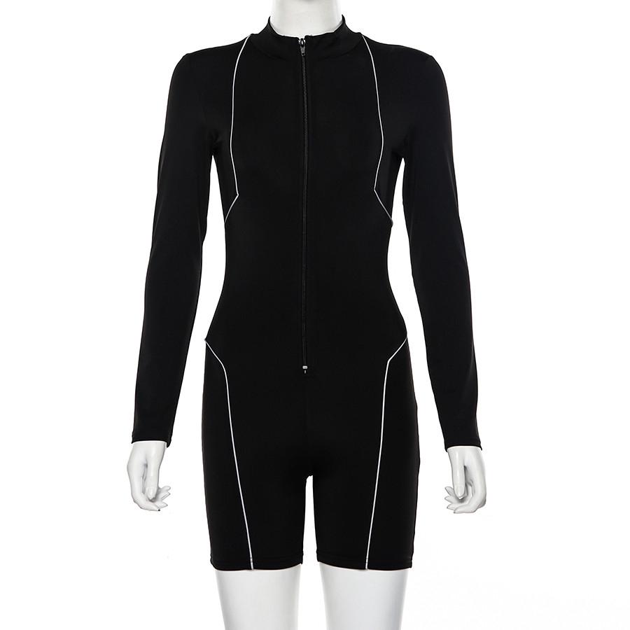 SCIONE Women Playsuit Full Sleeve Zipper Fly Reflective Striped Patchwork Rompers Skinny Bodysuits