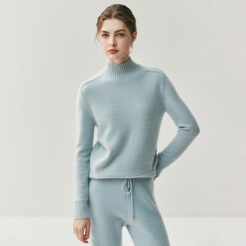 Elegant Women's Cashmere Sweater - Half-High Collar, Saddle Shoulder, Solid Color Knit for Autumn and Winter