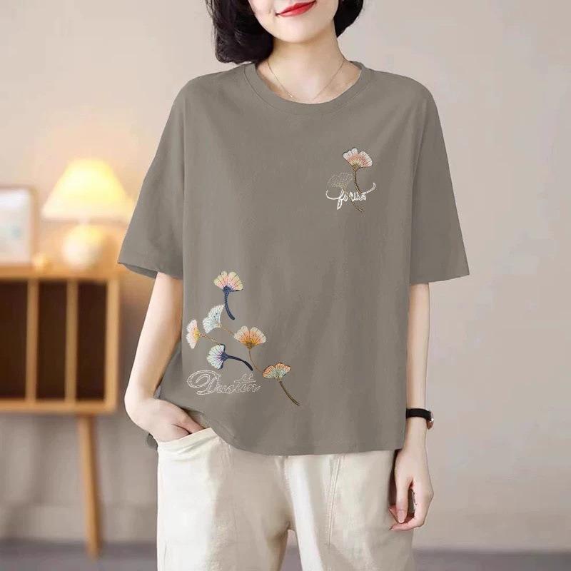 Women Ginkgo Leaf Embroidered Crew Neck Short Sleeve Loose T Shirt