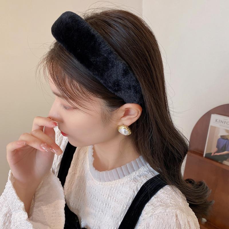 Winter Women Plush Hairbands Wide Side Faux Fur Sponge Hair Accessories Solid Color Headbands Fashion Hair Hoop