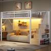 Letto Alto, 90 x 200 cm, Struttura in Ferro, con Striscia LED, Strutture a Scala con Contenitori, Spazio Libero per Vestirsi, Senza Materasso, Bianco