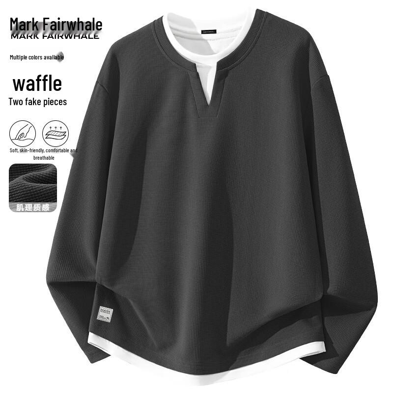 Mark Fairwhale Men's Faux Two-Piece Layered V-Neck Waffle Knit Long Sleeve Tee