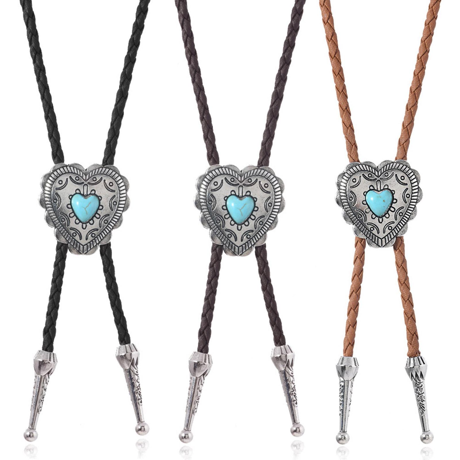 

3Pcs Leather Cord Bolo Tie Necktie with Metal Heart Stone Pendant Western Cowboy Jewelry Necklace for Men and Women 1