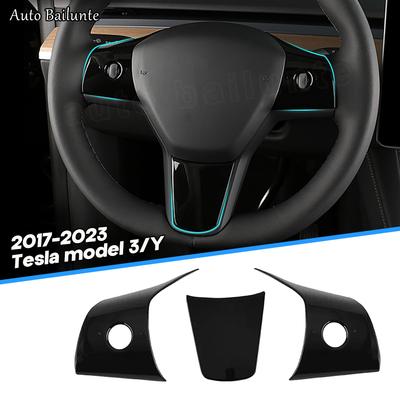 For Tesla Model 3 Model Y 2023 2022  3Pcs Car Interior Accessories Steering Wheel Decor Stickers Carbon Fiber Trim