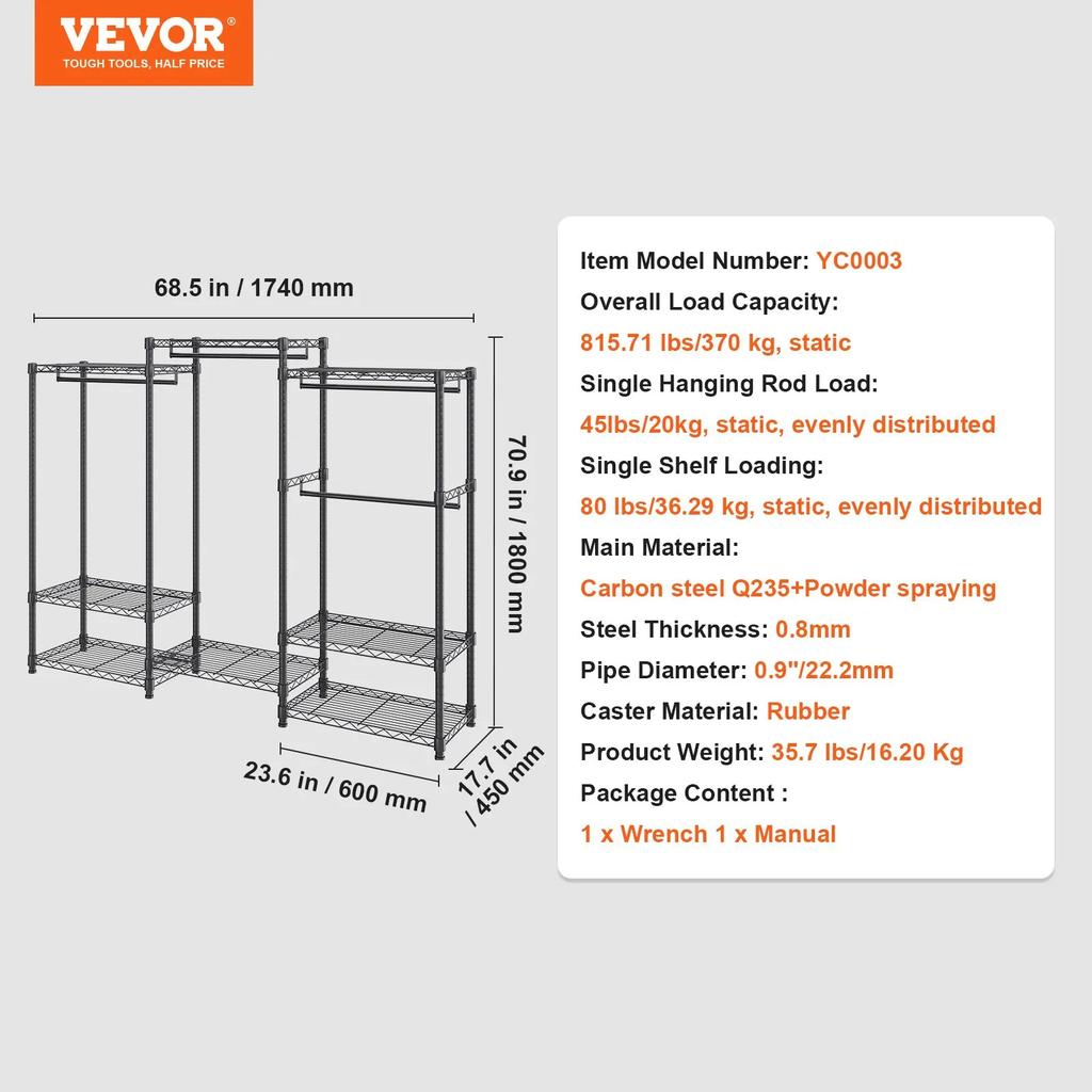 VEVOR Heavy Duty Clothes Rack, Rolling Clothing Garment Rack with 4 Hang Rods & 8 Storage Tiers, Adjustable Custom Closet Rack