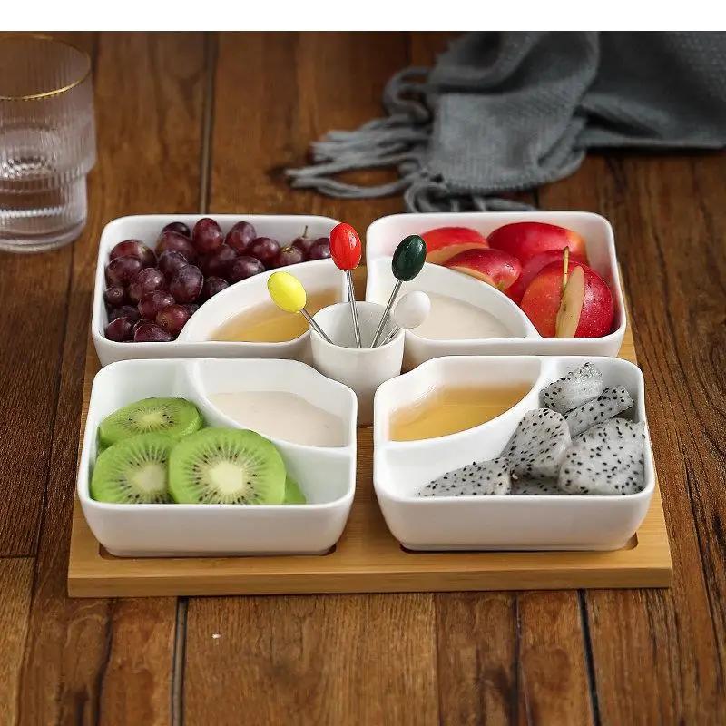 Multi Grid Ceramic Fruit Platter Wooden Tray Snacks Dessert Plates Home Tableware Dried Nut Candy Kitchen Accessories