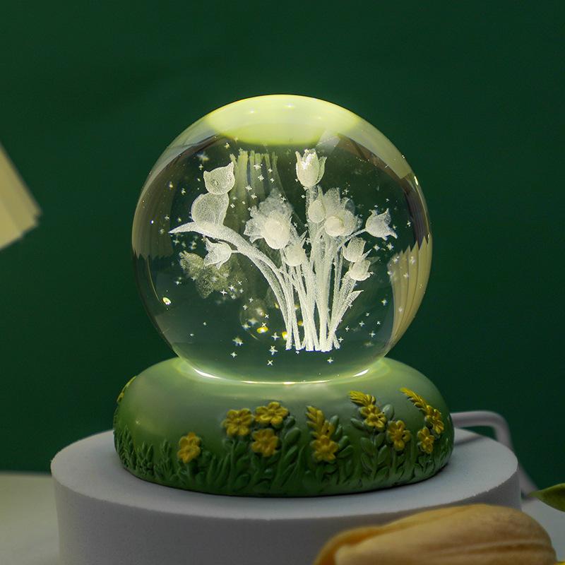Tulip Crystal Ball 3D Night Light - Luminous Bedroom Ornament & Birthday Gift for Girls