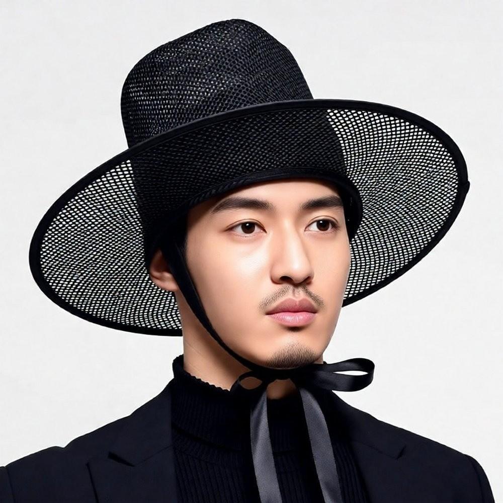 Lightweight Traditional Korean Gat Hat Adjustable Wide Brim Joseon Dynasty Hat Ribbon Square Top Cosplay Hat