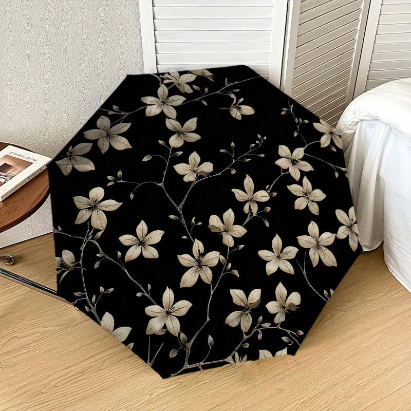 

1pc Floral Pattern Black Automatic Folding Umbrella, Heavy Duty 8 Rib Iron Frame, Suitable for Travel, Daily Use, Birthday, Decor Gift m0104080