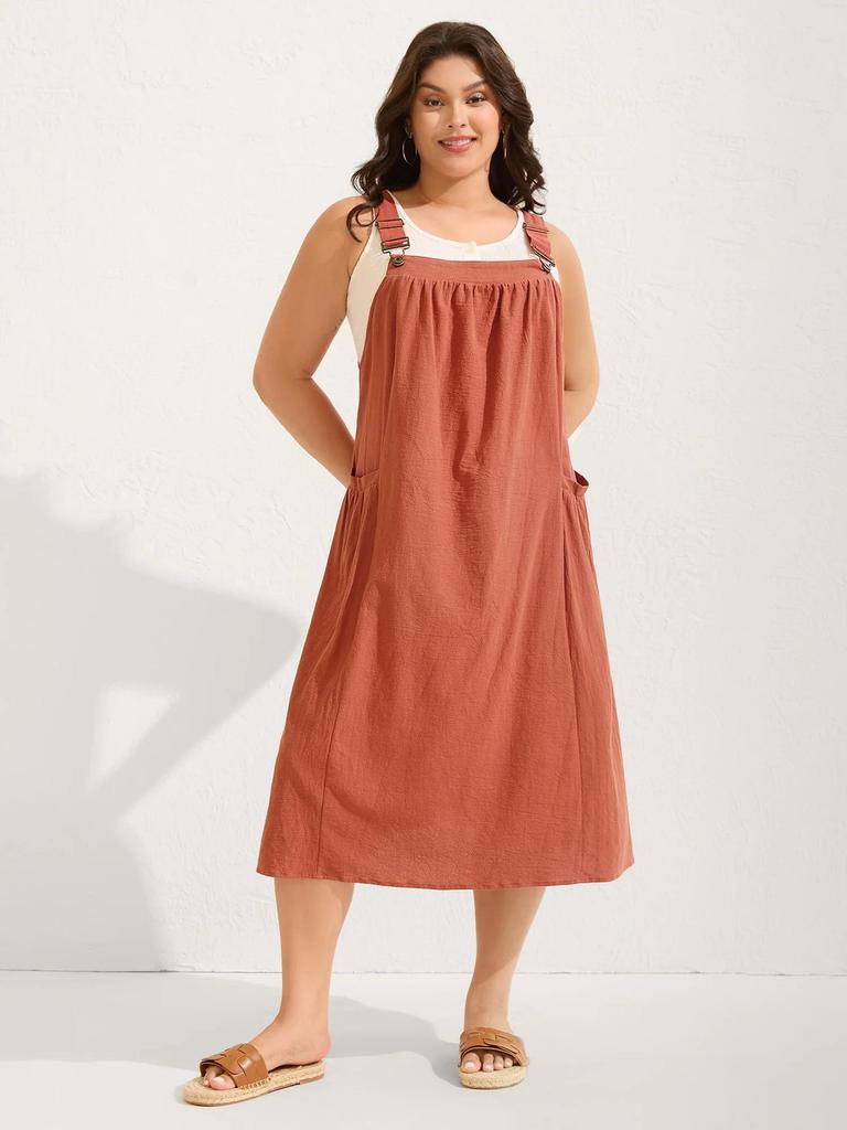 Plus Size Women's Cotton Pleated Suspender Dress with Pockets - Casual and Slimming Fit