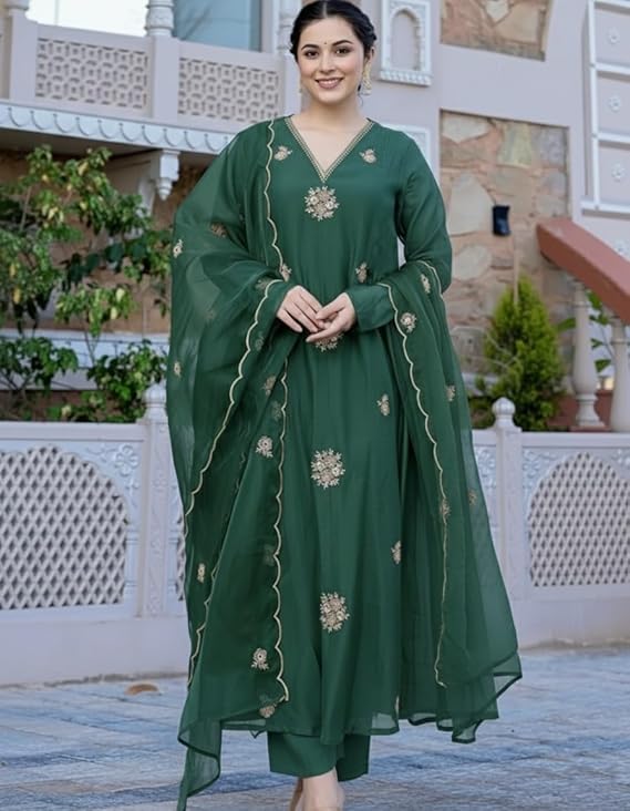 Women Designer Embroidery Solid Anarkali Kurta and Pant Set with Dupatta Set S