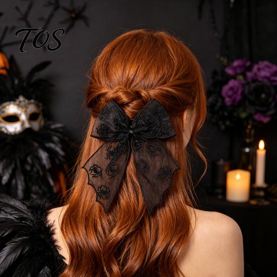 Dark Style Hair Clip Halloween Bat Mesh Bow Spring Clips, Black White Lace Spider Web Durable Barrettes, Gothic for Women Cosplay Costume Accessory