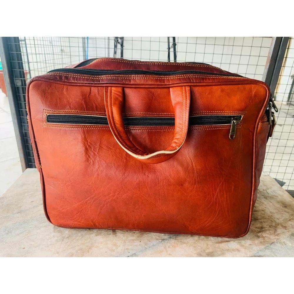 Goat Leather Messenger Shoulder Genuine Brown Laptop Bag Closer magnetic