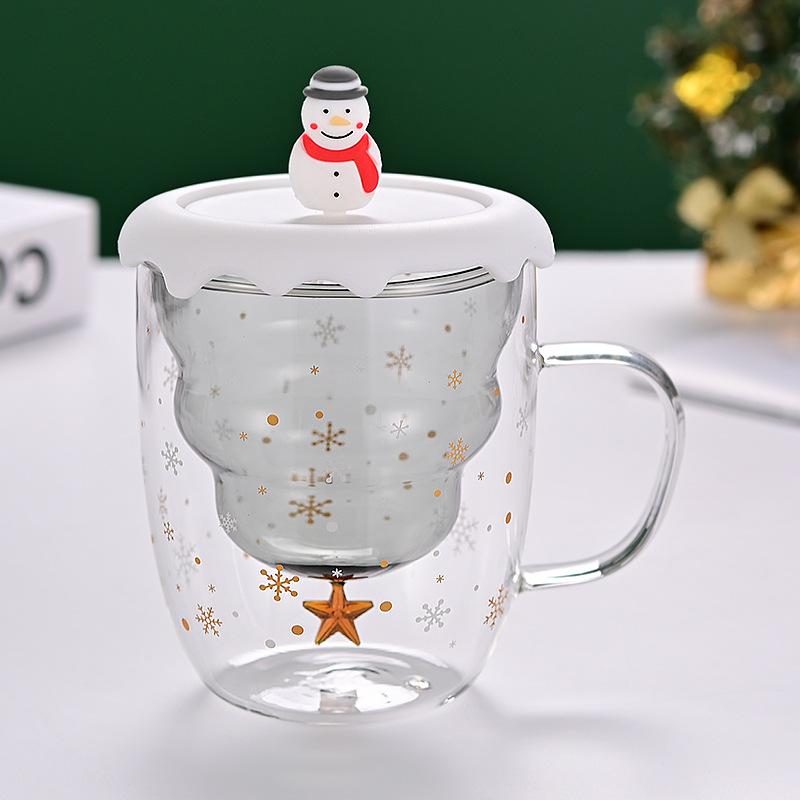 Double Layer Insulated Christmas Cup with Lid Coffee Cup High Borosilicate Glass Cup Wholesale with Handle Glass Decorative Cup