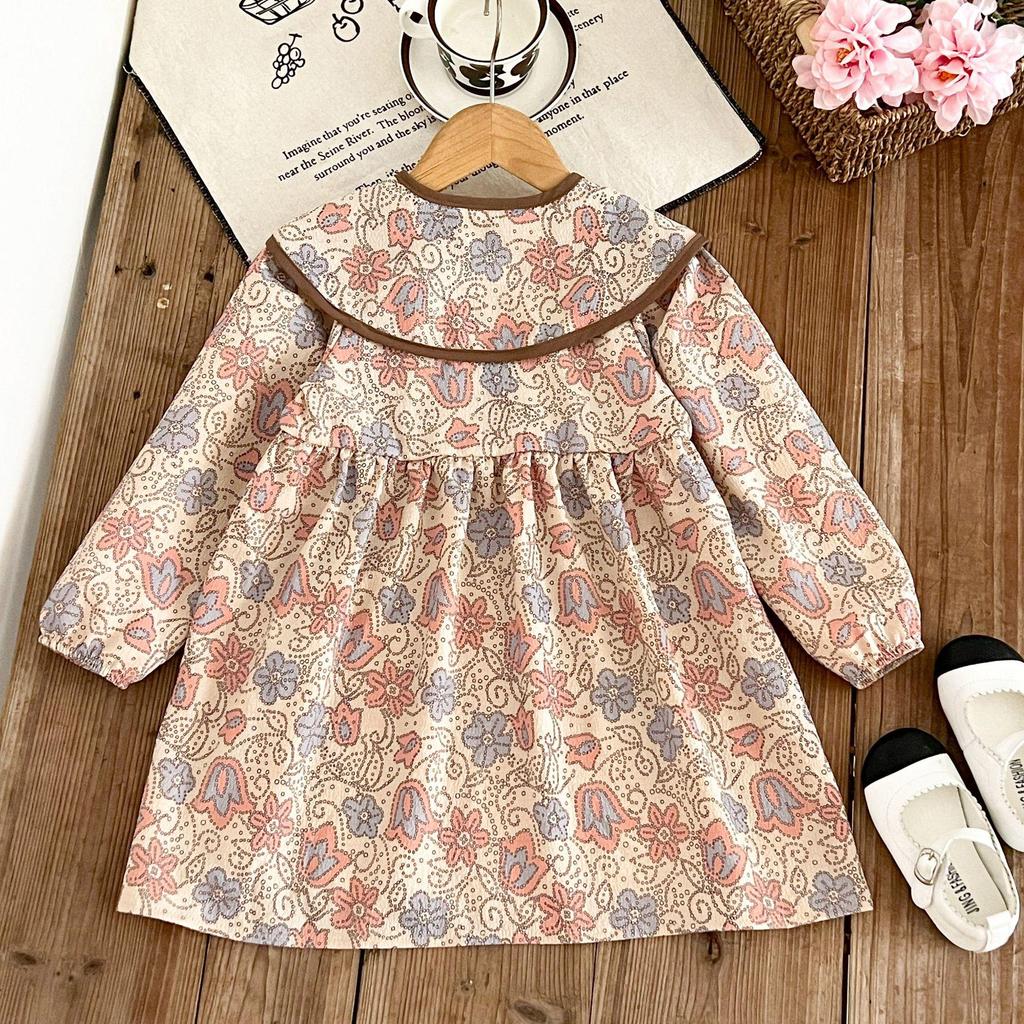 Spring Autumn Little Girls' Korean Style Princess Dress with Doll Collar and Flare Sleeves