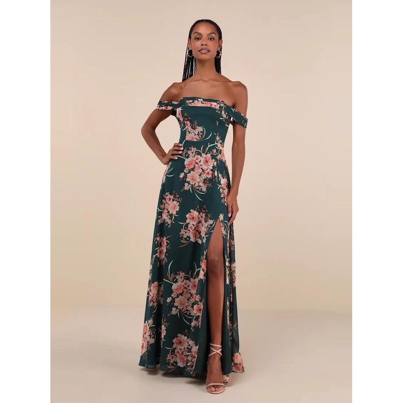 Export Lu Family Banquet Party Word Collar Sexy Exquisite Print Holiday Chiffon Split Island Retro Dress