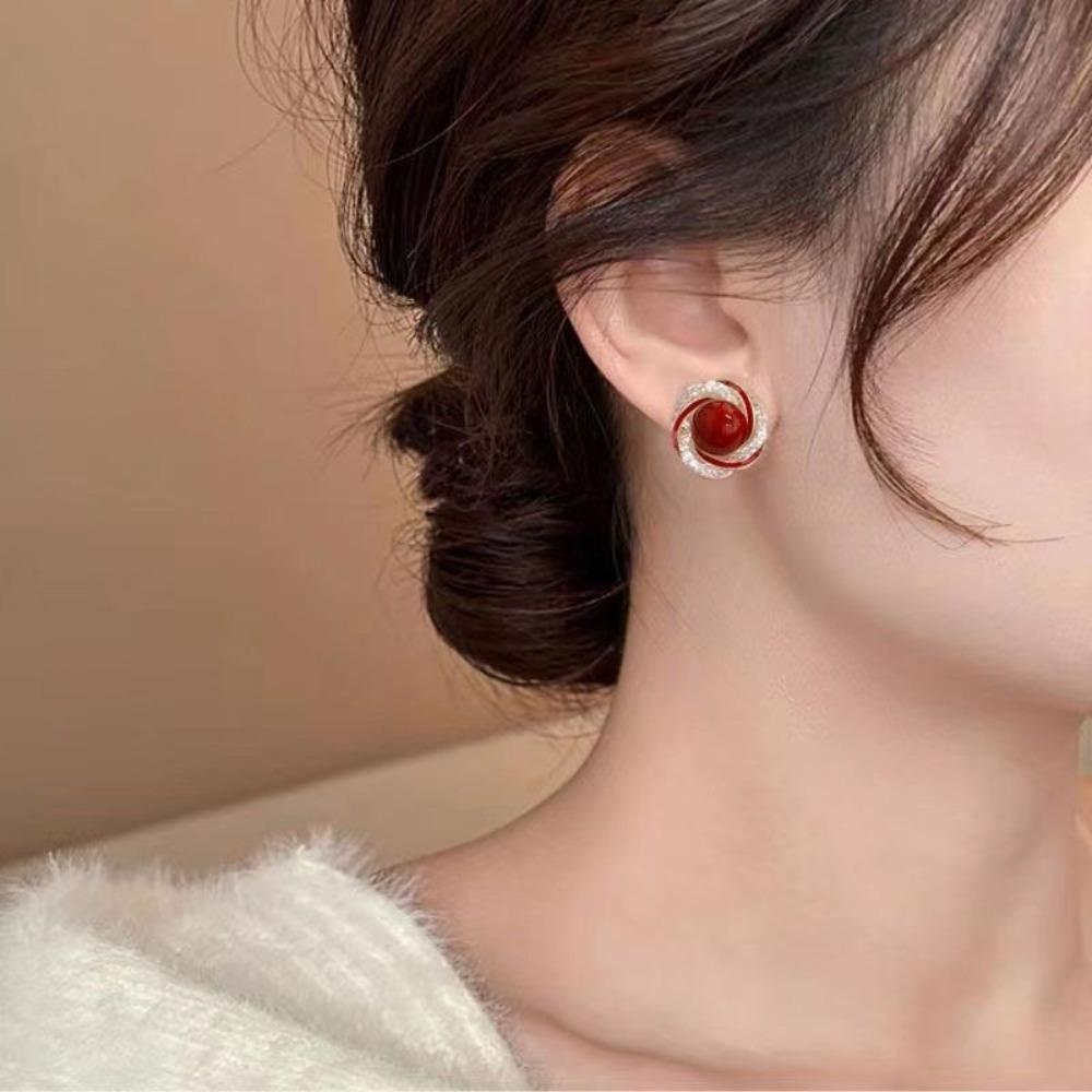 Vintage Rose Pearl Ear Studs Geometric Autumn Winter Earring Wine Red New Year Earring  Sweater