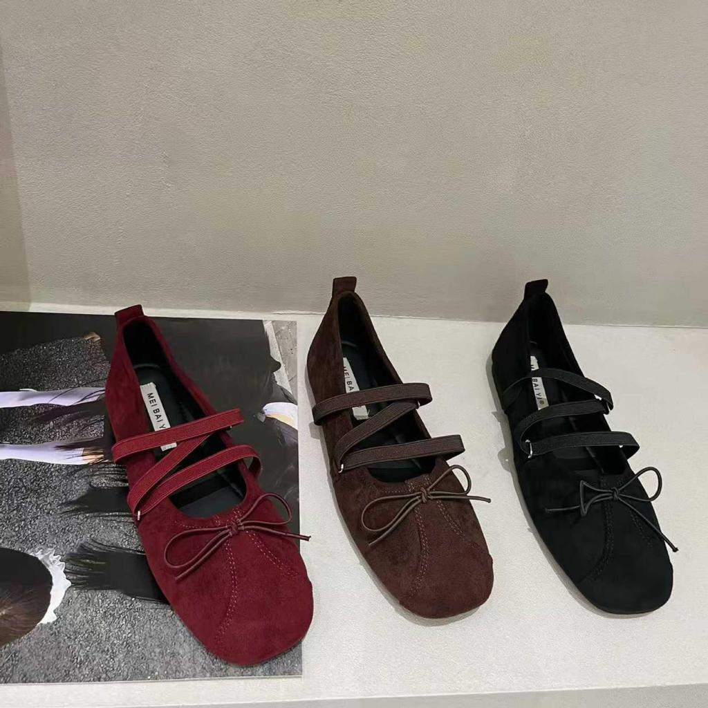 Wanwanfeng 2025 Zamszowe Baleriny z Kwadratowym Noskiem i Skrzyżowanymi Paskami z Kokardką dla Kobiet