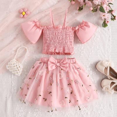 Lässiges Mädchen-Set Sommer Kinder Süßes Kurzarm-Neckholder-Top und Netz-Kurzrock-Set mit Blumenstickerei