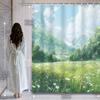 Shower Curtain: Idyllic Mountain Landscape With Lush Green Fields For A Serene And Scenic Bathroom Decor
