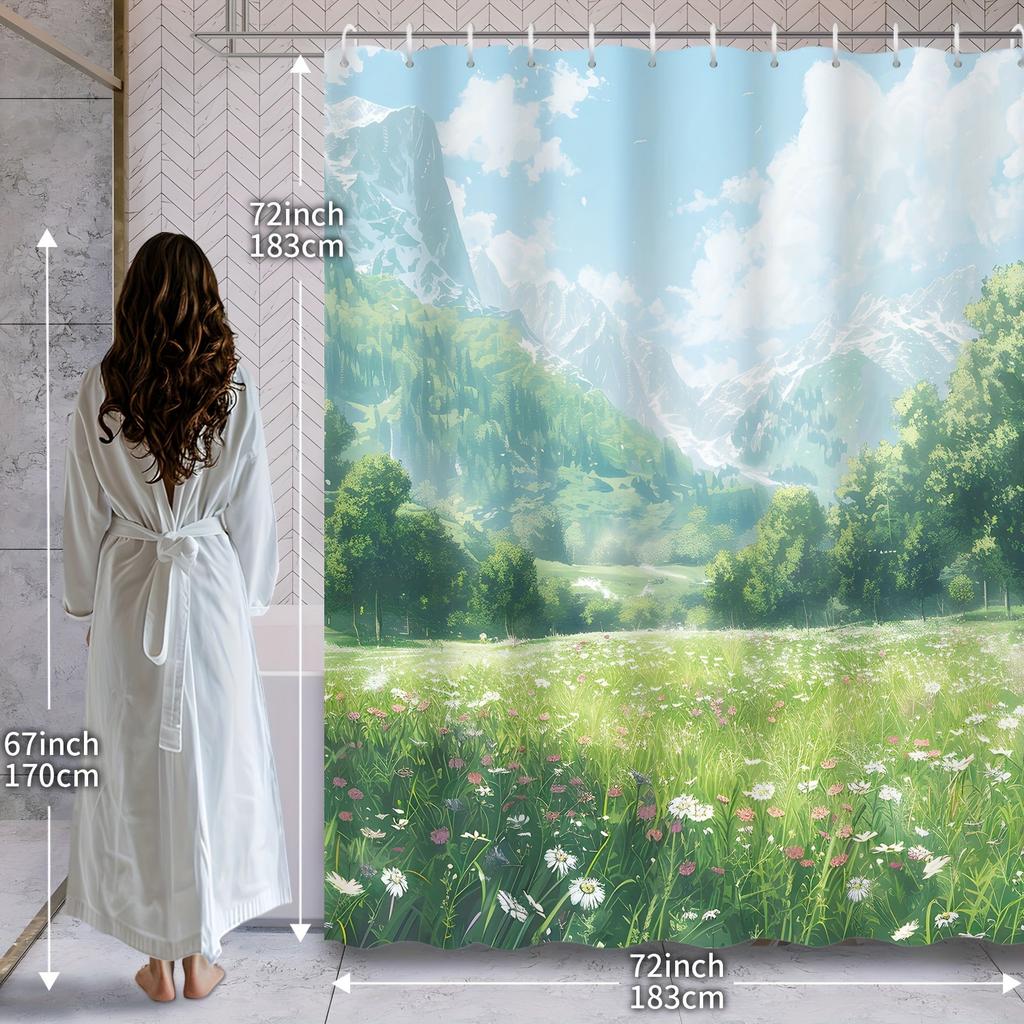 Shower Curtain: Idyllic Mountain Landscape With Lush Green Fields For A Serene And Scenic Bathroom Decor