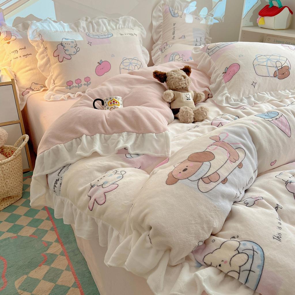 Thickened Milk Fleece Bed Four-Piece Set, Cute Lace Coral Fleece Quilt Cover, Fleece Bed Sheet Three-Piece Set