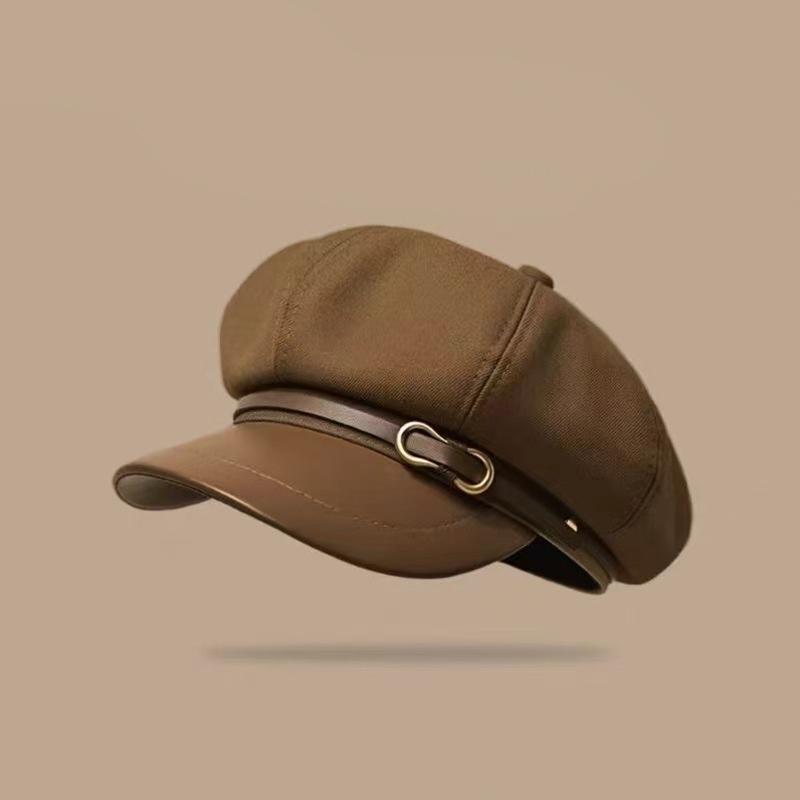 1PC Peak Cap Vintage Belt Buckle Design Gift Accessories Versatile Beret Cool Leather Brim Fashion Octagonal Hat Warmth 58-60cm