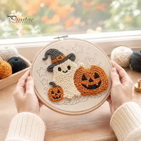 Holiday Gift for Craft Enthusiasts Halloween Punch Needle Kit, Pumpkin Ghost Kit with Complete Yarn Crafting Package Embroidery Hoop, Easy Art Project