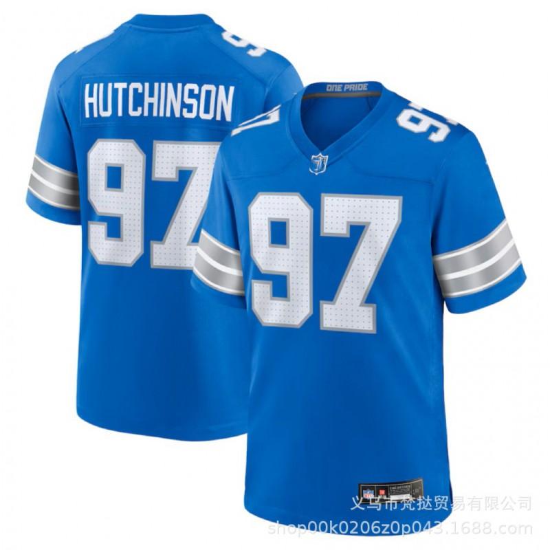 Mens NFL Detroit Lions Football Jersey Hutchinson 97 St. Brown 14 26 Blue Embroidered Team Sport Shirt Short Sleeve