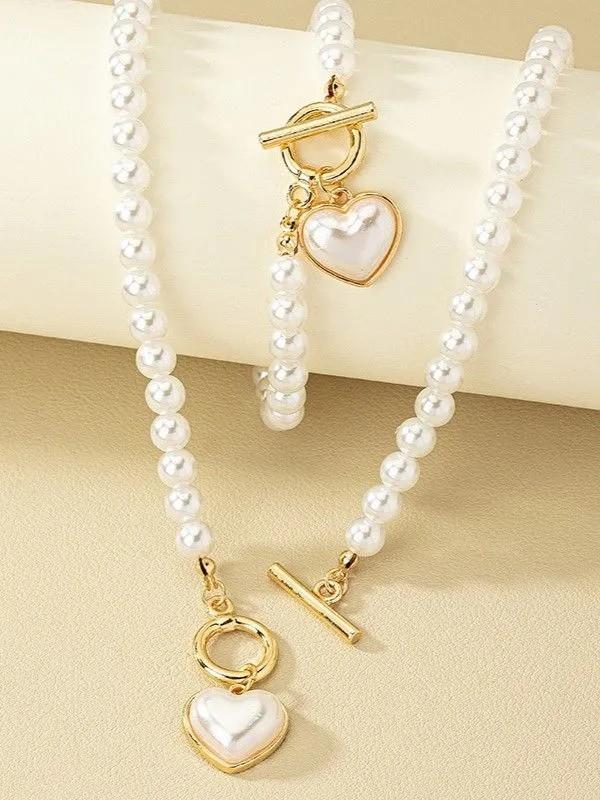 Pearl Heart OT Clasp Necklace Bracelet Set