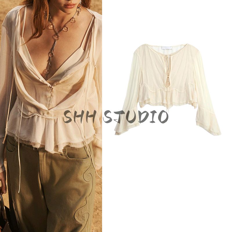 Spring and Summer New Women's Clothing French Style Casual round Neck Loose Bell Sleeve Shirt A- line Tops