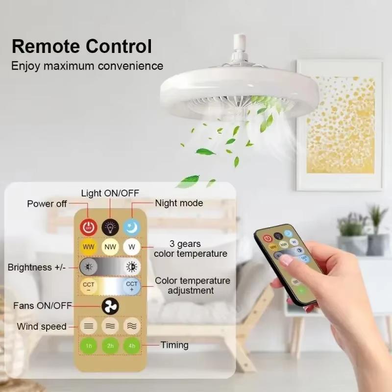Smart Remote Control Ceiling Fan LED Light E27 Converter Base Quiet 7 Blades Cooling Fan Light Living Room Bedroom Restaurant