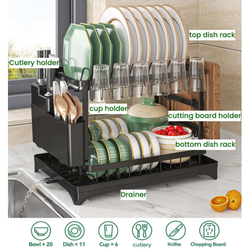 FUMITT Dish Drainer, Rust-Proof, Slim Dish Storage Rack - Large Capacity Kitchen Utensil, Multifunctional, Easy Assembly (Black, Automatic Drain [2-Ti