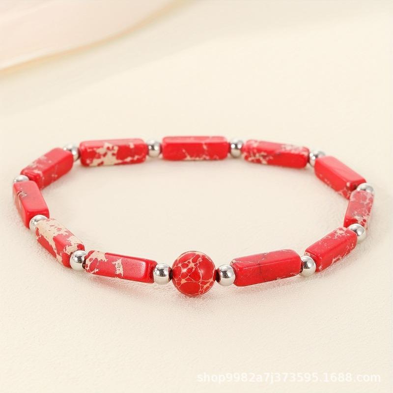 Mixed Natural Stone Beaded Bracelet Set – Rectangle Round Bead Boho Jewelry, Colorful Healing Gift for Women