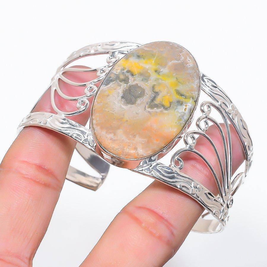 Natural Bumble Bee Jasper Gemstone 925 Sterling Silver Cuff Bangle Adj q0D56