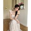 Feifei Sleeve French Heavy Industry Floral Square Neck Lotus Leaf Edge Summer 2026 New Waist Skinny Dress Women's Clothing