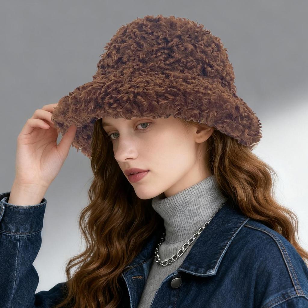 Women's Winter Thickened Faux Shearling Bucket Hat, Fluffy Soft Warm Fisherman Cap, Comfortable Outdoor Hat for Fall & Winter