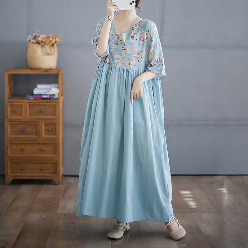 Cotton and Linen Summer Patchwork Retro Style Dress Long Skirt