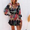 Spring and Summer Long Sleeve V-Neck Fashion Printed Waist Dress Women's Clothing
