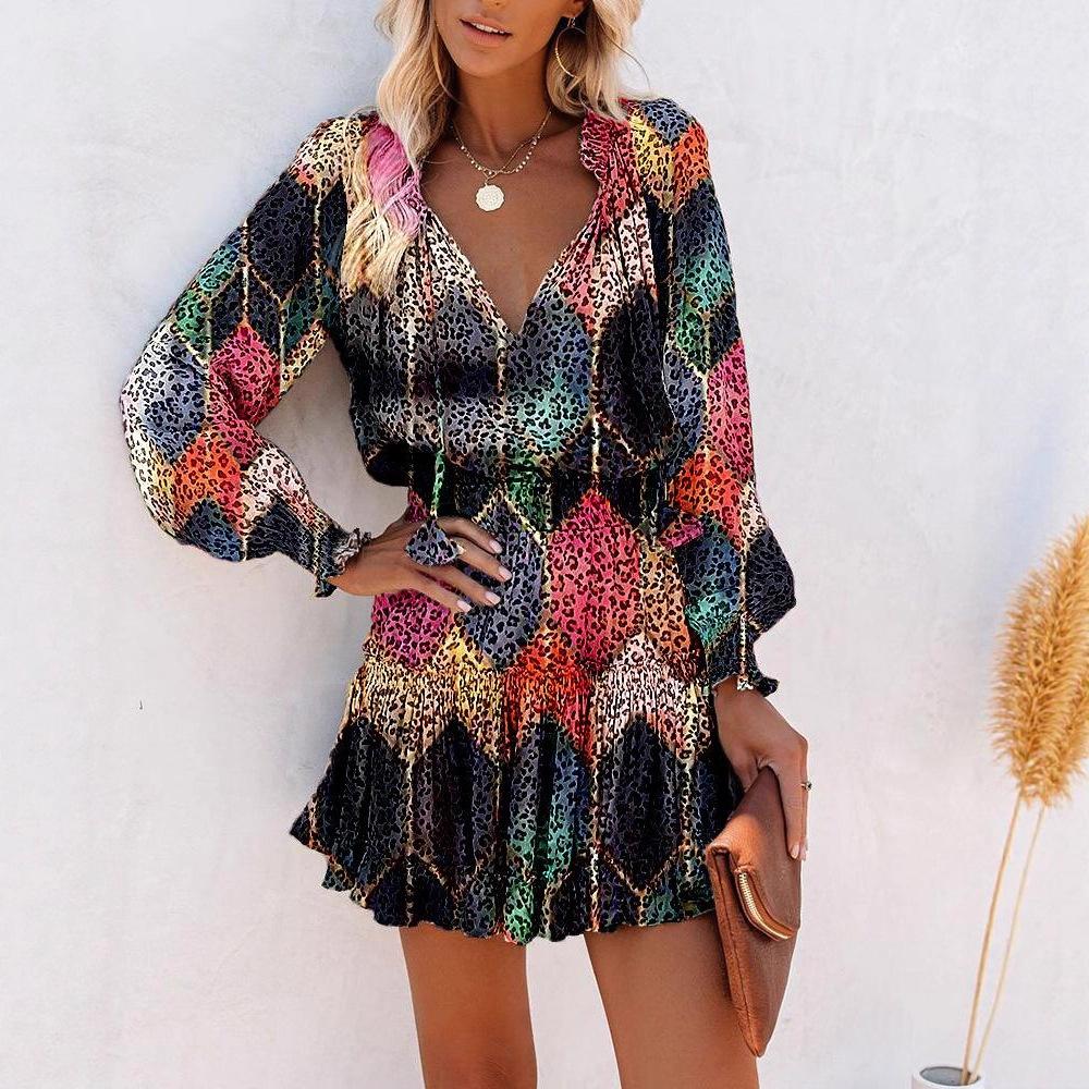 Spring and Summer Long Sleeve V-Neck Fashion Printed Waist Dress Women's Clothing