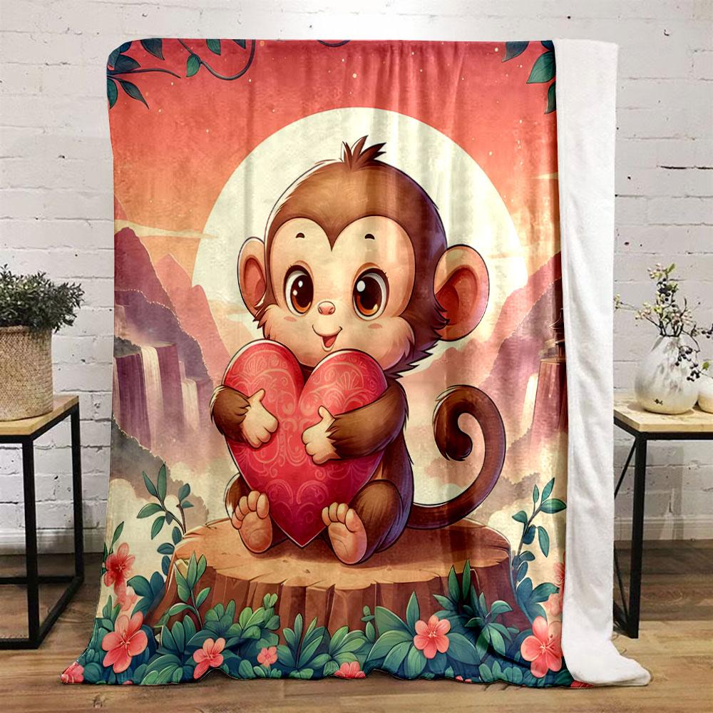 Cute Monkey with Heart at Sunset print blanket soft and cozy perfect for the living room bed sofa or a nap,gift