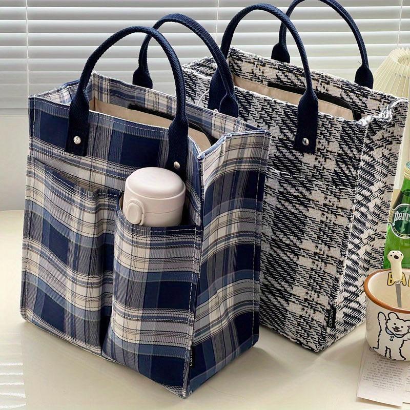Thick Polyester Tote Bag Large Capacity Minimalist Plaid Pattern with Zipper Closure, Reinforced Handles for Work, Shopping & Daily Essentials