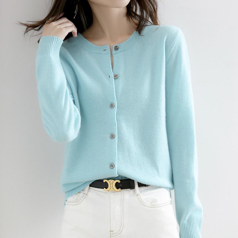 2023 Autumn/Winter Women's Korean-Style Camel Cardigan, Round Neck, Single-Breasted Knit Sweater.